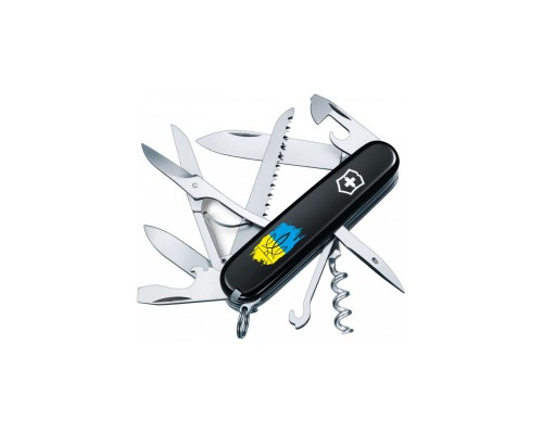 Ніж Victorinox Huntsman Ukraine 91 мм Чорний Тризуб фігурний на тлі прапора (1.3713.3_T1026u)