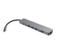Концентратор Vinga Type-C to 4K HDMI+2*USB3.0+GigabitLAN+SD+2*PD aluminium (VCPATC2U3CRLNHIPDGR)