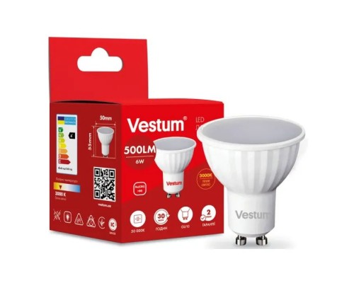 Лампочка Vestum MR16 6W 3000K 220V GU10 (1-VS-1505)