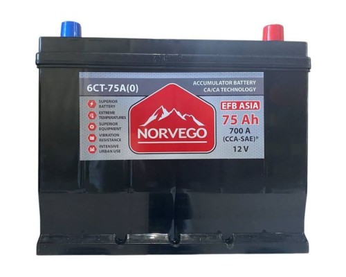 Акумулятор автомобільний NORVEGO ВЕСТА Asia EFB 75A +прав (0) (700 пуск)