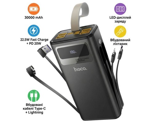 Батарея універсальна HOCO 30000mAh Plentiful 22.5W, built-in cables, LED, Black (DB58 / 715030)