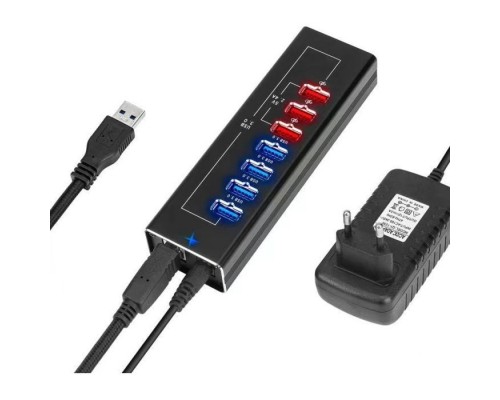 Концентратор Dynamode 4*USB3.0 data ports + 3*2.4А charge with Power Adaptor metal (DM-UH-P407)