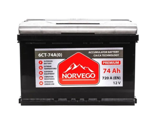 Акумулятор автомобільний NORVEGO ВЕСТА Premium 74A +прав (0) (720 пуск)