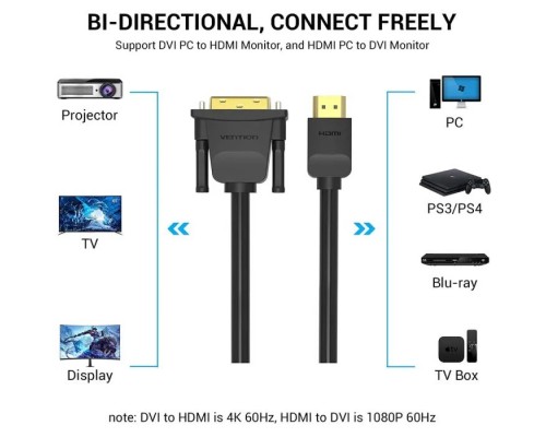 Кабель мультимедійний HDMI M to DVI M 2.0m 4K60Hz black Vention (ABFBH)