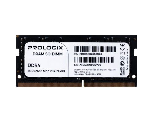 Модуль пам'яті для ноутбука SoDIMM DDR4 16GB 2666 MHz Prologix (PRO16GB2666D4S)