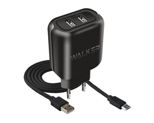 Мережевий зарядний пристрій (адаптер) 2в1 WALKER WH-27 2USB / 2.1A + Data Cable USB to Micro black