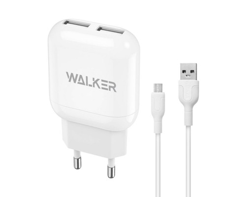 Мережевий зарядний пристрій (адаптер) 2в1 WALKER WH-33 2USB / 2.4A + Data Cable USB to Micro white