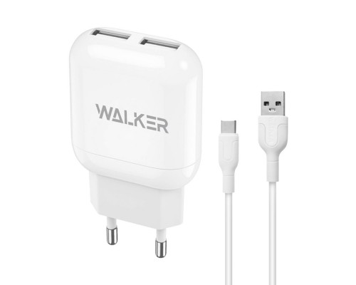 Мережевий зарядний пристрій (адаптер) 2в1 WALKER WH-33 2USB / 2.4A + Data Cable USB to Type-C white