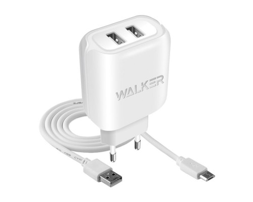 Мережевий зарядний пристрій (адаптер) 2в1 WALKER WH-27 2USB / 2.1A + Data Cable USB to Micro white