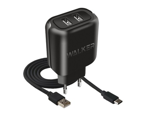 Мережевий зарядний пристрій (адаптер) 2в1 WALKER WH-27 2USB / 2.1A + Data Cable USB to Type-C black