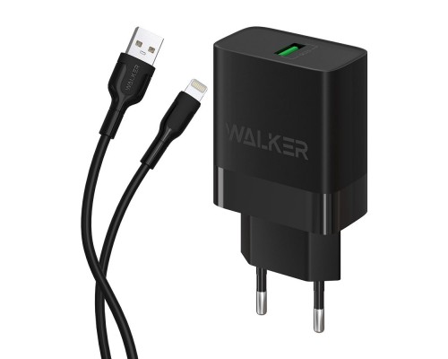 Мережевий зарядний пристрій (адаптер) 2в1 WALKER WH-35 1USB / QC3.0 / 3A / 18W + Data Cable USB to Lightning black