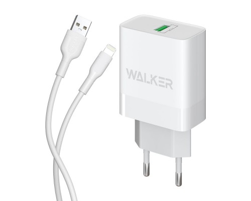 Мережевий зарядний пристрій (адаптер) 2в1 WALKER WH-35 1USB / QC3.0 / 3A / 18W + Data Cable USB to Lightning white