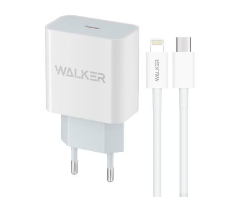 Мережевий зарядний пристрій (адаптер) 2в1 WALKER WH-39 PD / 3A / 20W + Data Cable Type-C to Lightning 20W white